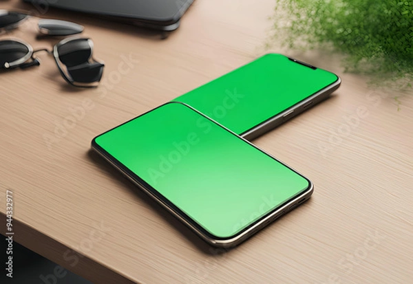Fototapeta Mockup image of modern two smartphones with green screen on white wooden desktop

