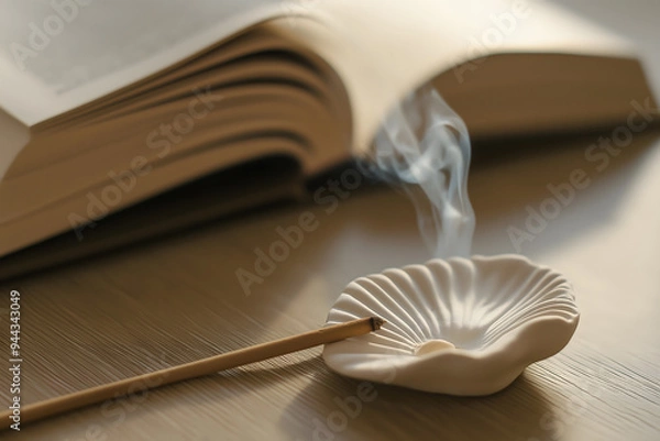 Fototapeta Close-Up of Incense Stick with Smoke on Clay Seashell Sculpture