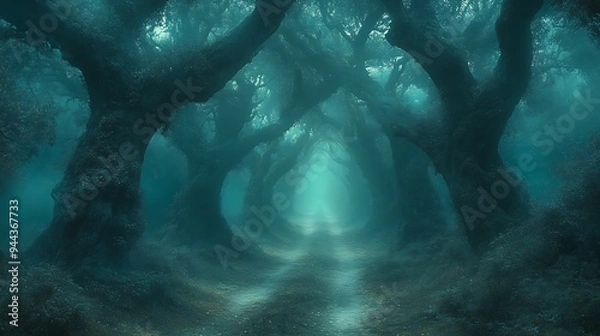 Fototapeta A misty path winds through a dense forest of gnarled trees, creating a mysterious and ethereal atmosphere.