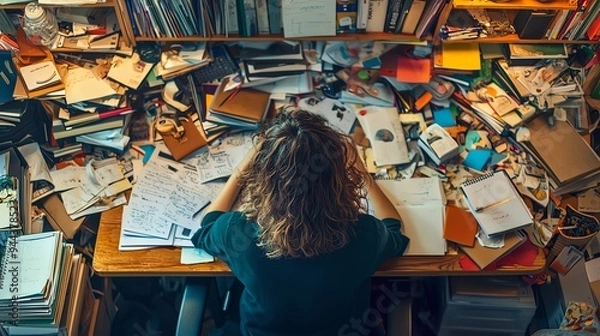 Fototapeta overwhelmed person working at a cluttered desk, chaotic and vibrant scene, soft lines