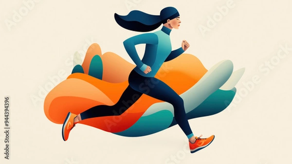Fototapeta Illustration of a woman running with dynamic abstract shapes in the background. The runner is dressed in athletic wear and appears in motion.