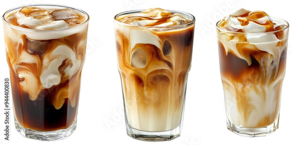 Fototapeta Iced Coffee Trio: Caramel swirls dance through layers of iced coffee, milk, and whipped cream in this refreshing beverage set, isolated on transparent background. 