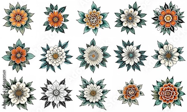 Fototapeta Set of flowers isolated on white background. Hand drawn illustrations.
