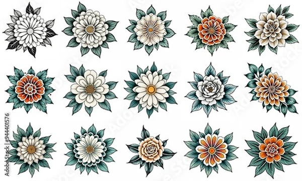 Fototapeta Set of flowers isolated on white background. Hand drawn illustrations.