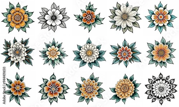 Fototapeta Set of flowers isolated on white background. Hand drawn illustrations.