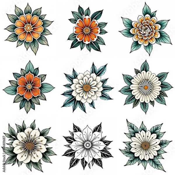 Obraz Set of flowers isolated on white background. Hand drawn illustrations.