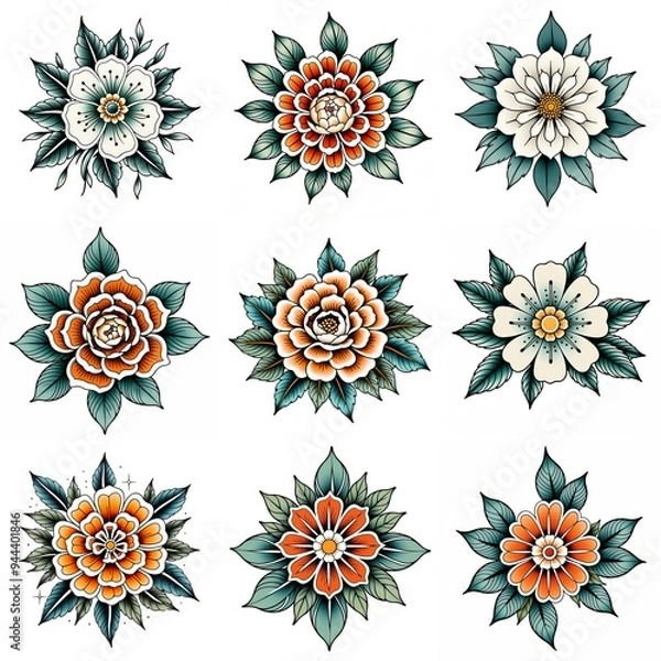 Fototapeta Set of flowers isolated on white background. Hand drawn illustrations.