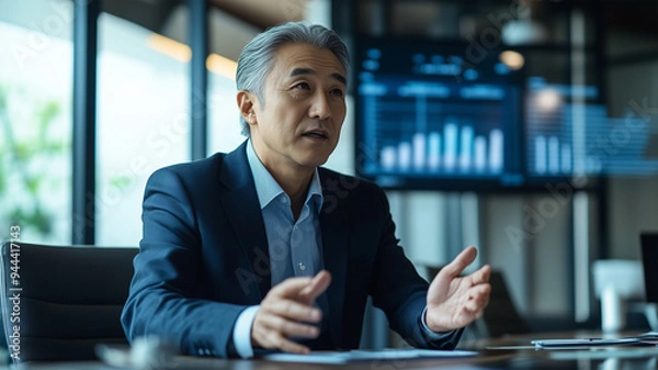 Fototapeta 会議室で戦略会議を指導するビジネスマン