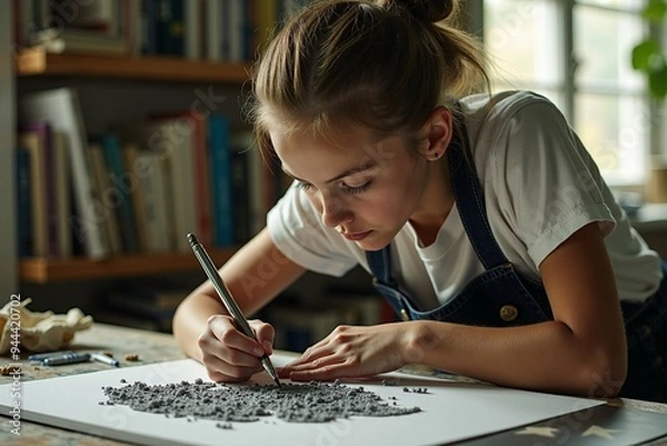 Fototapeta A young girl sits at a desk or table writing on a piece of paper