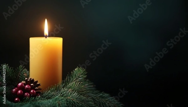 Obraz A warm, glowing candle surrounded by evergreen branches and holiday decorations set against a dark backdrop during winter festivities
