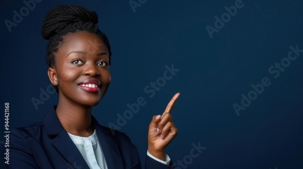 Fototapeta Smiling African woman in a suit pointing upwards