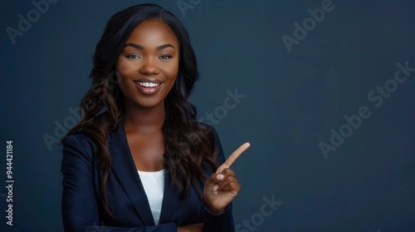 Fototapeta Confident African woman in a suit pointing with a smile