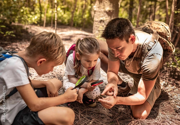 Obraz parent and children hiking exploring  forest with magnifying glass learning about nature 