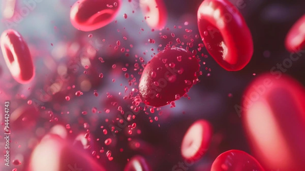 Fototapeta Close-up of red blood cells in the bloodstream. Red molecules under a microscope. Science, healthcare concept.