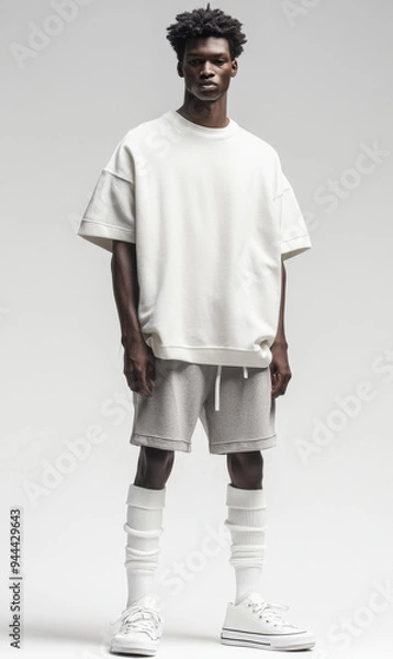 Obraz A young African American man wearing a loose-fitting oversized white t-shirt, shorts, and long socks, standing confidently against a white background, showcasing a minimalist and modern streetwear loo
