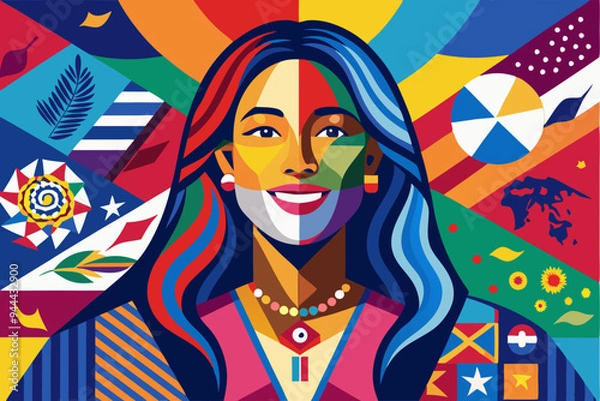 Fototapeta A vivid and artistic portrait of a smiling woman, created with a patchwork of colors and patterns, set against an international flags backdrop, capturing diversity and unity. 
