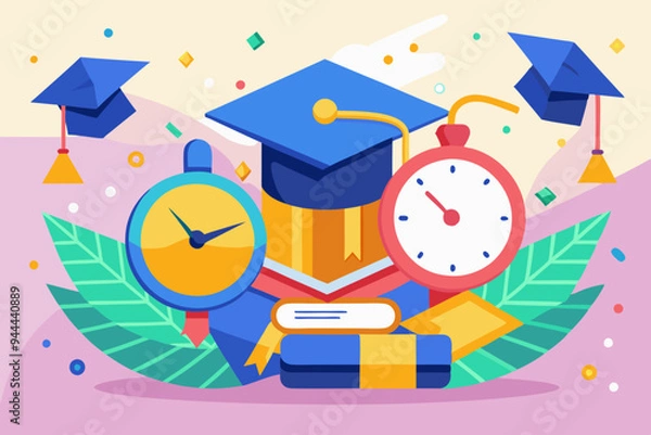 Fototapeta This vibrant digital illustration features two graduation caps along with a clock amidst a colorful background of confetti, symbolizing the festive celebration of graduation success
