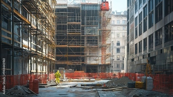 Obraz A construction site with scaffoldings and safety barriers surrounding a large building under construction