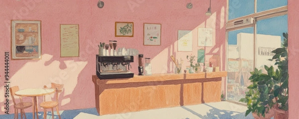 Fototapeta A warm and inviting coffee shop interior with pink walls, a wooden counter, and sunlight streaming through the large windows.