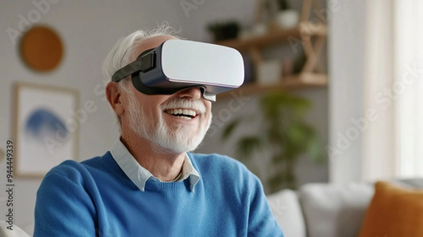 Fototapeta Elderly man using VR headset, smiling and enjoying a virtual reality experience at home. Modern technology and entertainment for seniors.