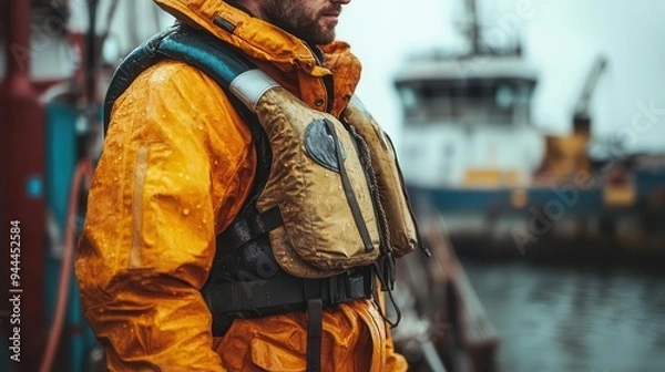 Fototapeta Sailor with a life jacket, standing on the deck of a ship, ready for an adventure, Adventurous, Bright, Detailed