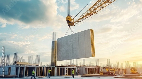 Fototapeta A crane lifting large prefabricated wall panels into place on a building under construction with workers guiding them
