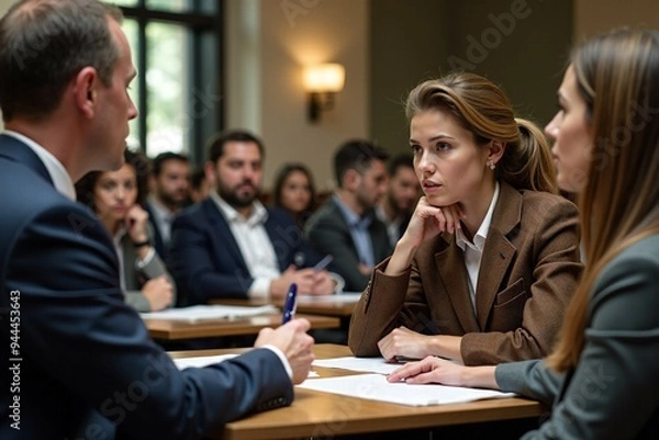 Fototapeta A woman sits across from a man at a table, likely engaged in conversation or negotiation