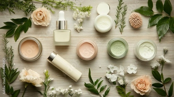 Fototapeta Display of natural skincare products arranged with fresh flowers and greenery on a wooden surface