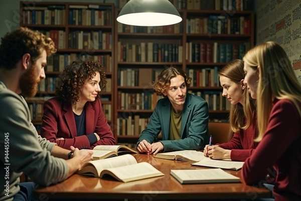 Obraz A gathering of individuals around a rustic wooden table, ideal for depicting teamwork, collaboration or social events