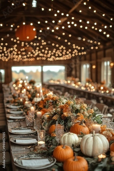 Fototapeta A cozy autumn gathering with floral arrangements and pumpkins in a rustic barn setting