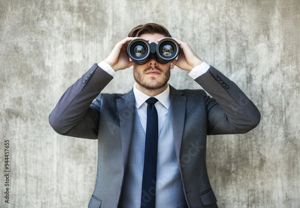 Fototapeta Young man in business suit looking through a binoculars, studio photo. Businessman searching or looking for opportunities concept. Generative AI