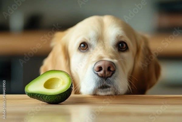 Obraz Dog looking at avocado on a wooden table - concept of food toxic to dogs