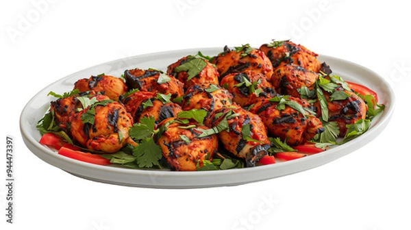 Fototapeta Grilled indian chicken tikka topped with cilantro on a white plate, ready to be used in different designs with a clear background