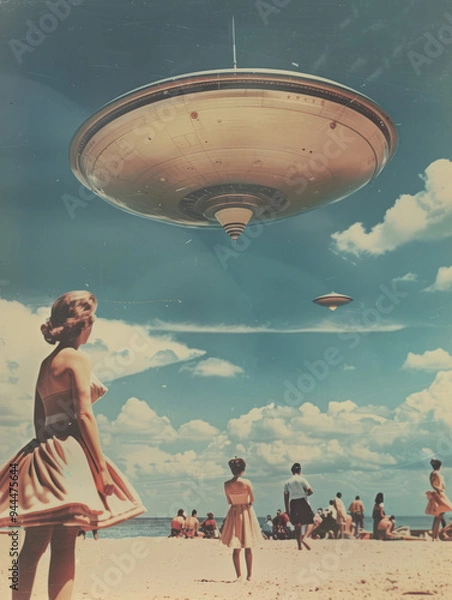 Fototapeta 1960s 1950s retro vintage color photo photographic journalism style image of people on a beach looking up at a large UFO flying saucer