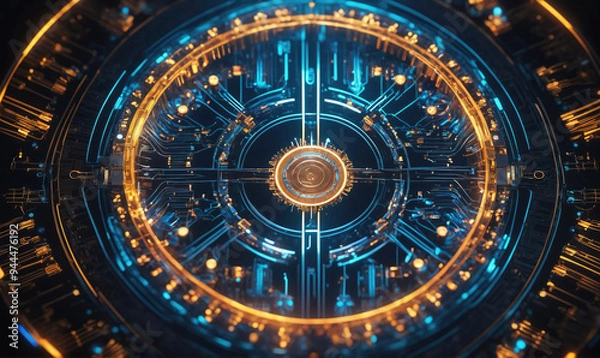 Obraz A futuristic, circular, metallic design featuring glowing blue and gold lines
