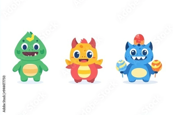 Fototapeta Three colorful cartoon creatures with playful expressions holding lollipops in a cheerful design