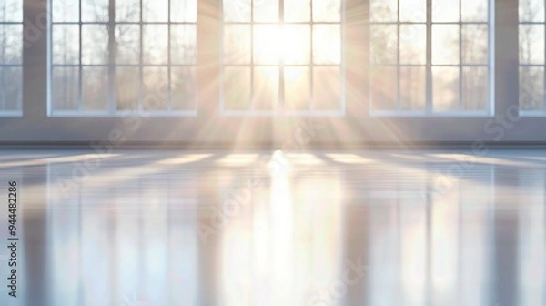 Fototapeta A serene sunrise filtering through large windows, casting soft rays and reflections on a polished floor, creating a tranquil atmosphere.