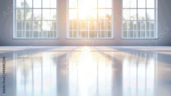 Fototapeta A bright, sunlit room showcasing large windows and a reflective floor, creating a peaceful and inviting atmosphere.
