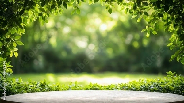 Fototapeta A serene nature scene with a green background and a blank table, perfect for presentations or product displays.