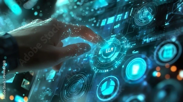 Fototapeta Hand interacting with a futuristic digital interface, selecting LLM (Large Language Model).