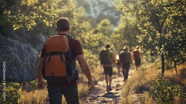 Fototapeta Group of hikers with backpacks walking through a scenic forest trail on a sunny day, experiencing adventure and nature exploration.