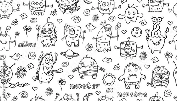 Obraz Large set of monsters, aliens and extraterrestrials in doodle style. Great for children's cute playroom, nursery, wrapping paper, coloring page. Vector illustration EPS10