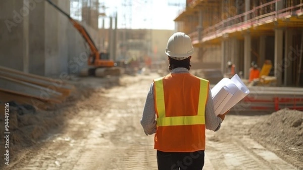 Fototapeta A site supervisor with blueprints in hand walking through a construction site