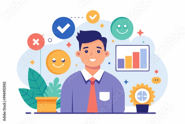 Obraz Employee satisfaction, workplace happiness or success team motivation, employee engagement or participation, feedback or company survey rating concept, business people employee with smile happy face.
