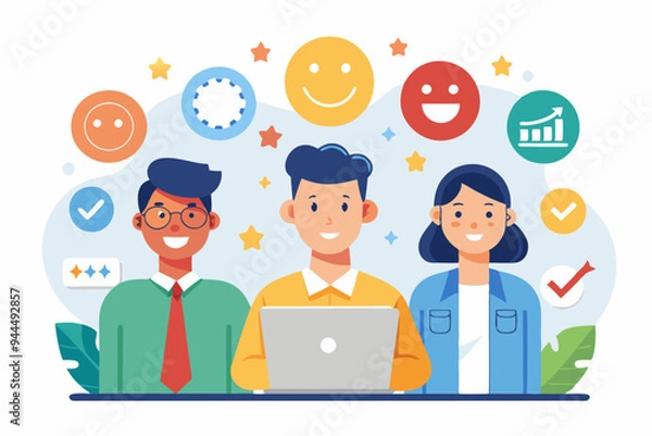 Fototapeta Employee satisfaction, workplace happiness or success team motivation, employee engagement or participation, feedback or company survey rating concept, business people employee with smile happy face.
