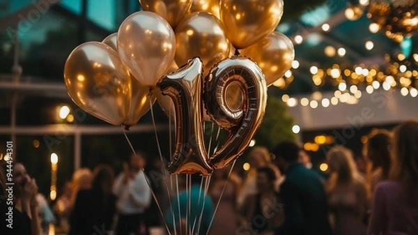 Obraz An elegant 19th birthday celebration featuring a bunch of sparkling balloons with bokeh lights in the background, creating a festive and luxurious atmosphere.