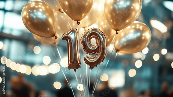 Fototapeta An elegant 19th birthday celebration featuring a bunch of sparkling balloons with bokeh lights in the background, creating a festive and luxurious atmosphere.