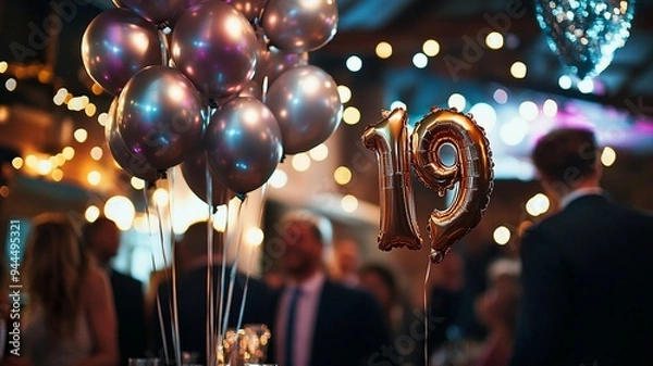 Fototapeta An elegant 19th birthday celebration featuring a bunch of sparkling balloons with bokeh lights in the background, creating a festive and luxurious atmosphere.