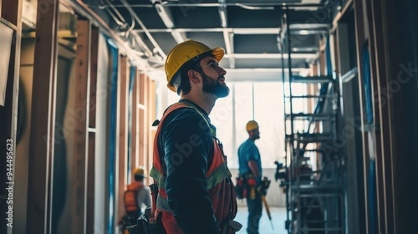 Fototapeta A team of builders installing low-flow plumbing fixtures and energy-efficient lighting in a LEED-certified building