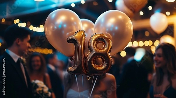 Obraz An elegant 18th birthday celebration featuring a bunch of sparkling balloons with bokeh lights in the background, creating a festive and luxurious atmosphere.